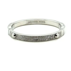 Michael Kors Silver Tone Pave Crystal Studded Hinged Bangle Bracelet